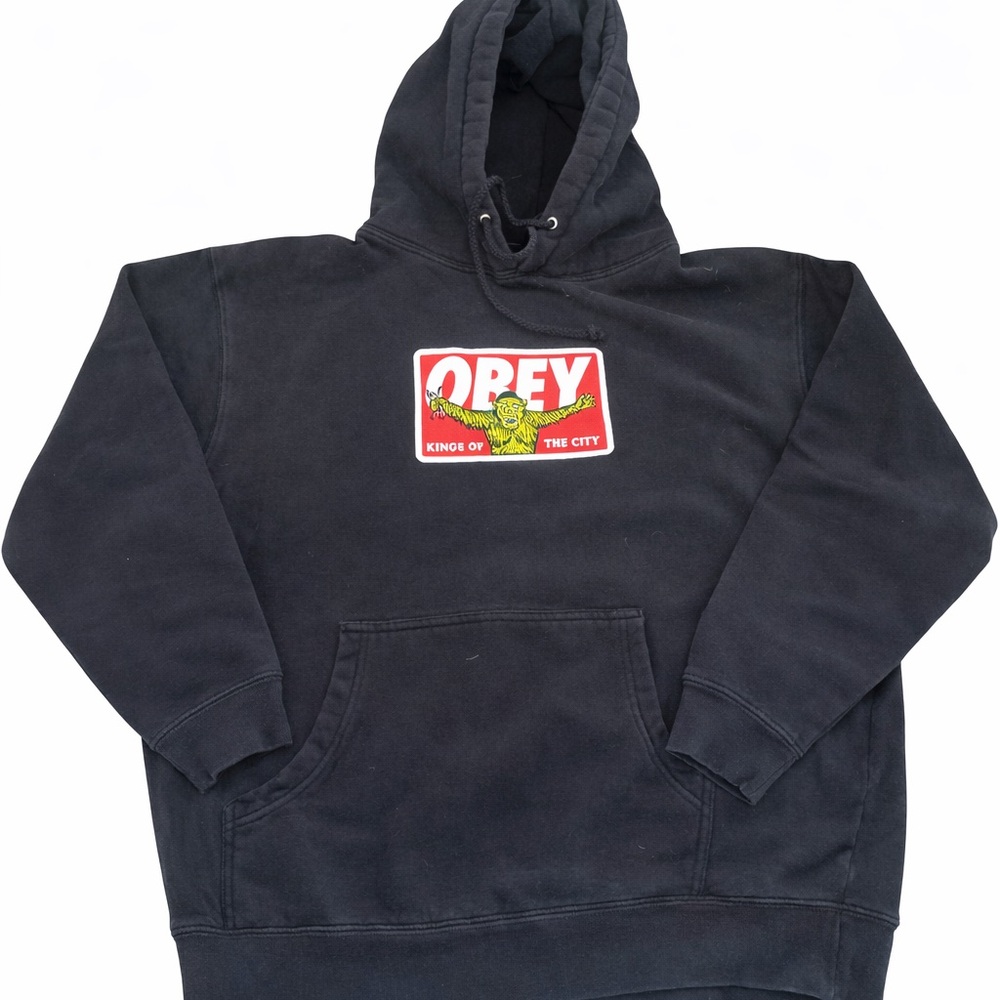 Obey Black Crewneck Hoodie with Red & Yellow Logo Patch